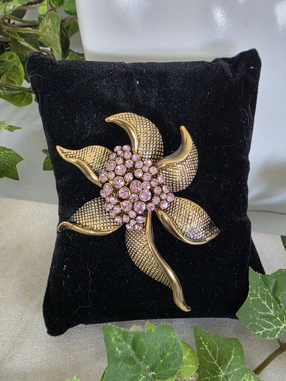 Gold Vintage Flower Brooch Pin with Lavender Crystal